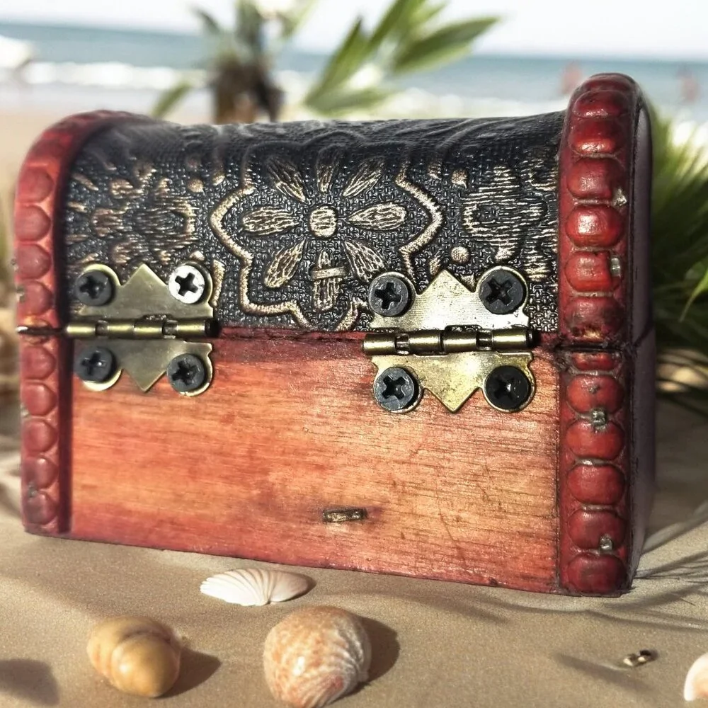 Mini Wooden Treasure Chest Box W/Bronze Color Floral Antique Style Spiritual Box - Picture 13 of 16